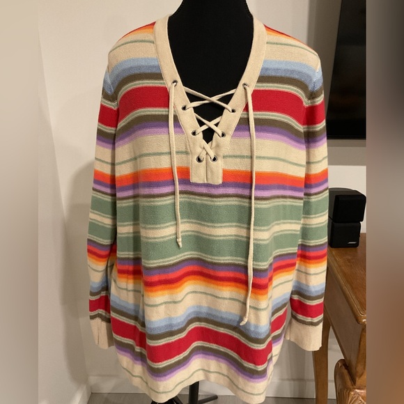 Chaps Rainbow Sweater Striped knit Sweater. with Split  hem lace up V neck - Picture 2 of 10